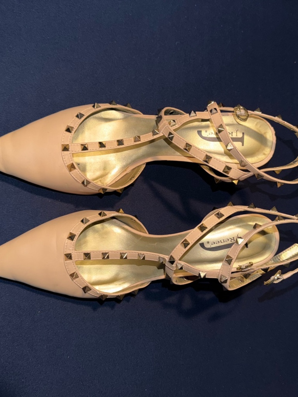 Studded Pointed-Toe Nude Slingback Pumps